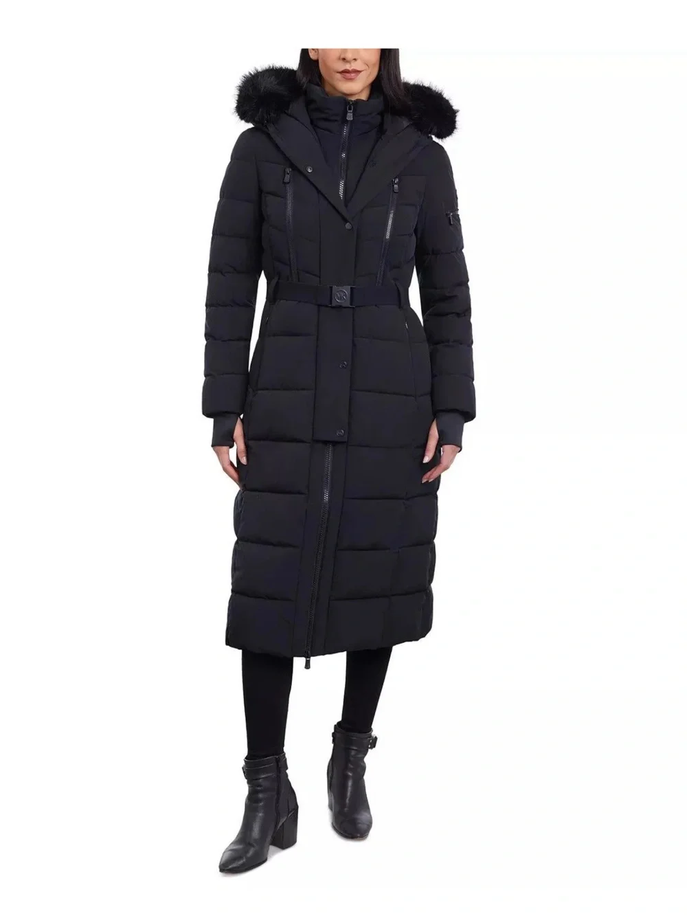 Long Black Quilted Puff Coat with Hood and Belt - Michael Kors